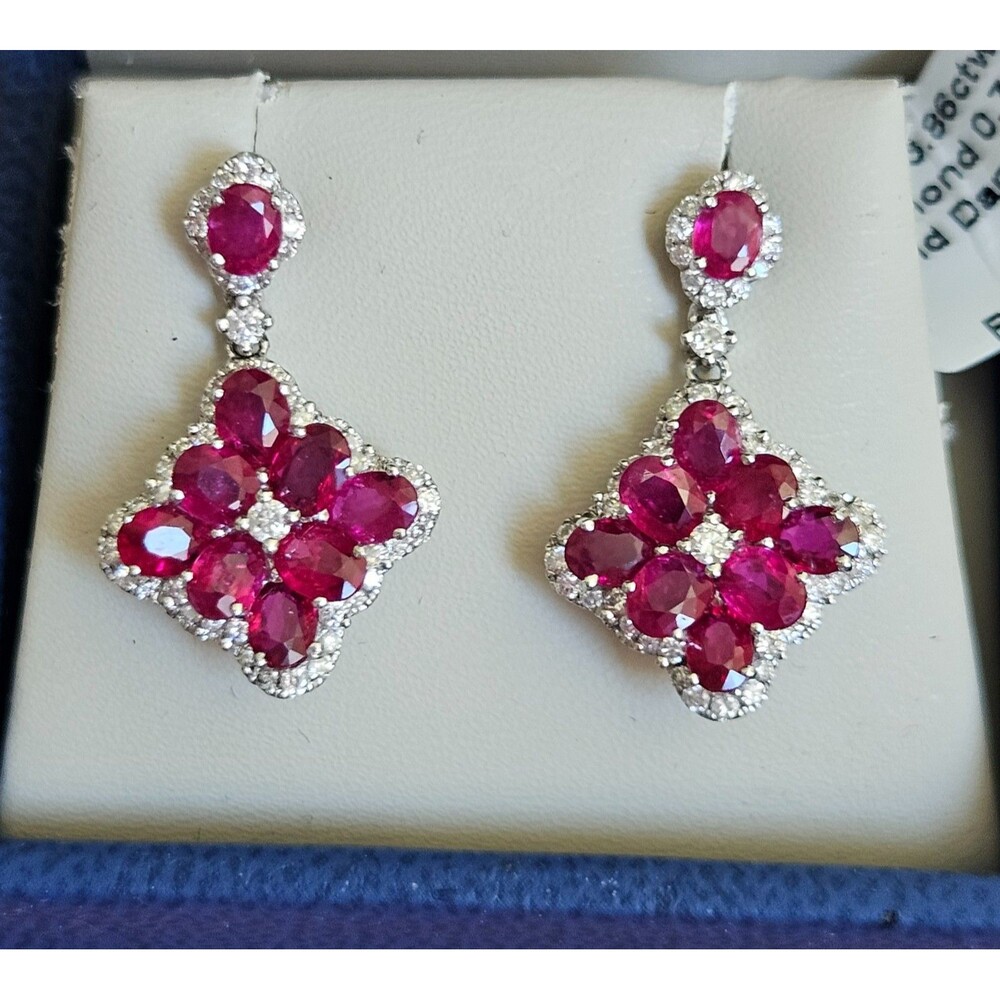 Spark Creations 18K White Gold Ruby 3.86 Drop Earrings With Diamonds .70 New